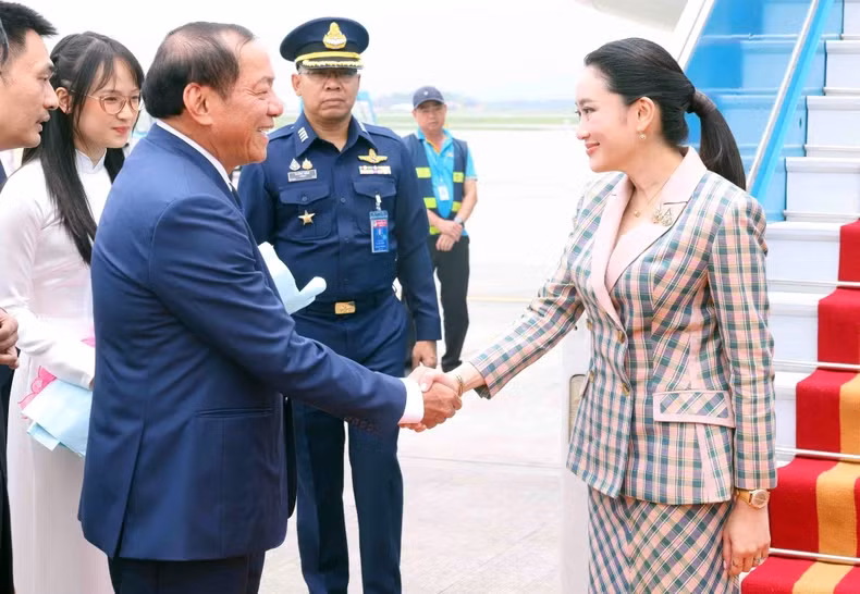 Minister of Culture, Sports and Tourism Nguyen Van Hung extends a warm reception to the Thai Prime Minister upon her arrival at Noi Bai International Airport.
