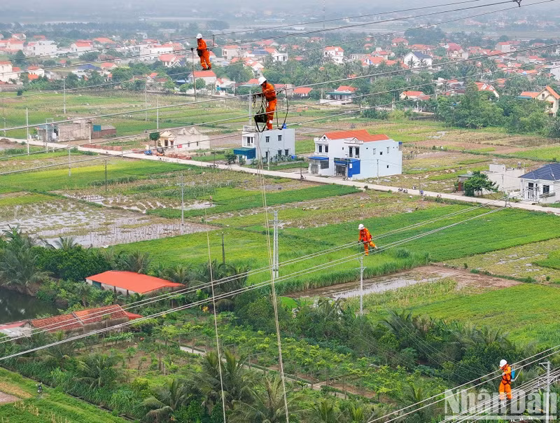 Engineers and workers in the power sector perform construction at great heights. (Photo: Tuan Huy)