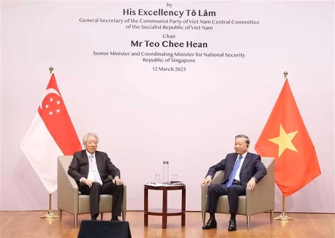 Party General Secretary To Lam (R) and Singapore's Senior Minister and Coordinating Minister for National Security Teo Chee Hean at the event (Photo: VNA)