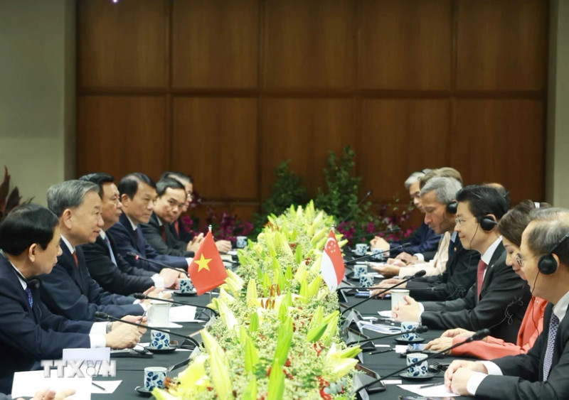 General Secretary of the Communist Party of Vietnam Central Committee To Lam holds talks with Singaporean Prime Minister Lawrence Wong in the city state on March 12. (Photo: VNA) 