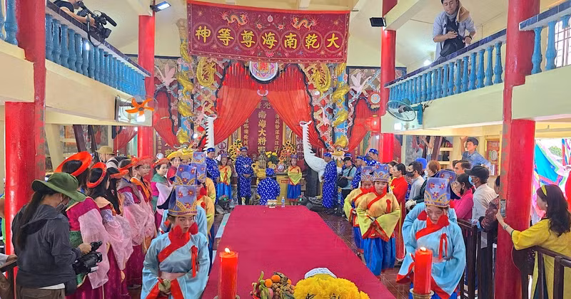 The ritual ceremony before a grand procession from the Nam Hai Whale Temple in Song Doc Town.