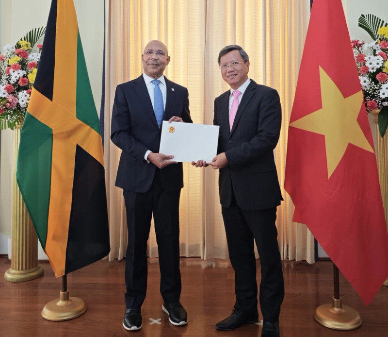 Vietnamese Ambassador to Cuba and Jamaica Le Quang Long (R) presents his credentials to Governor-General of Jamaica Patrick Allen on March 11. (Photo: VNA) 