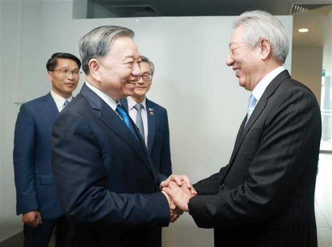 Party General Secretary To Lam (L) and Singaporean Senior Minister meets with Coordinating Minister for National Security Teo Chee Hean in Singapore on March 12 (Photo: VNA) 
