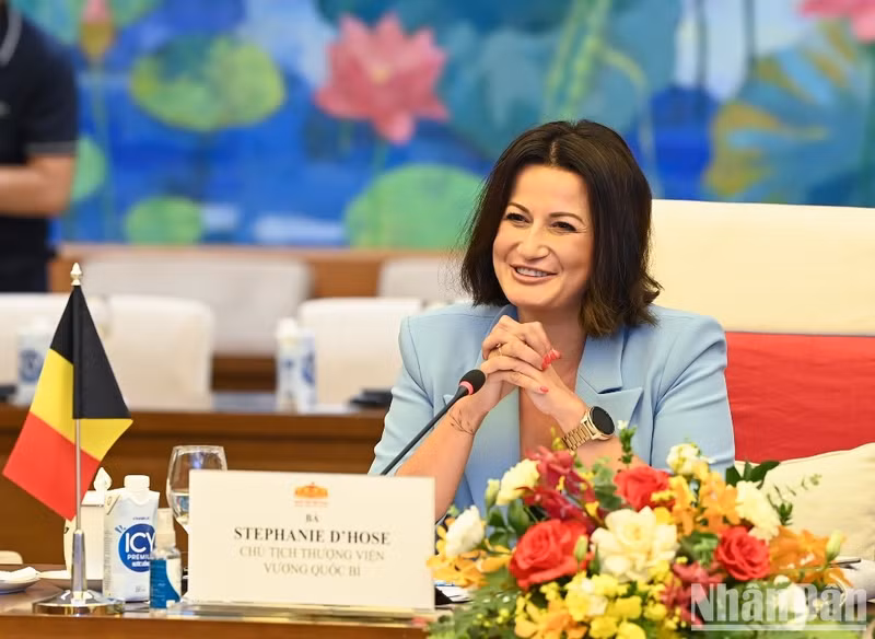 President of the Belgian Senate Stephanie D'Hose speaks at the talks. President of the Belgian Senate Stephanie D'Hose speaks at the talks.