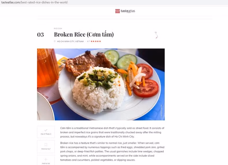Vietnam's Broken Rice ranks third among 100 best rated rice dishes in the world. (Screenshot)