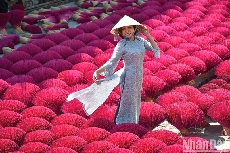 The Ao Dai (Vietnamese traditional long dress) is enchantingly beautiful beside the brilliant scenery of red incense bouquets.