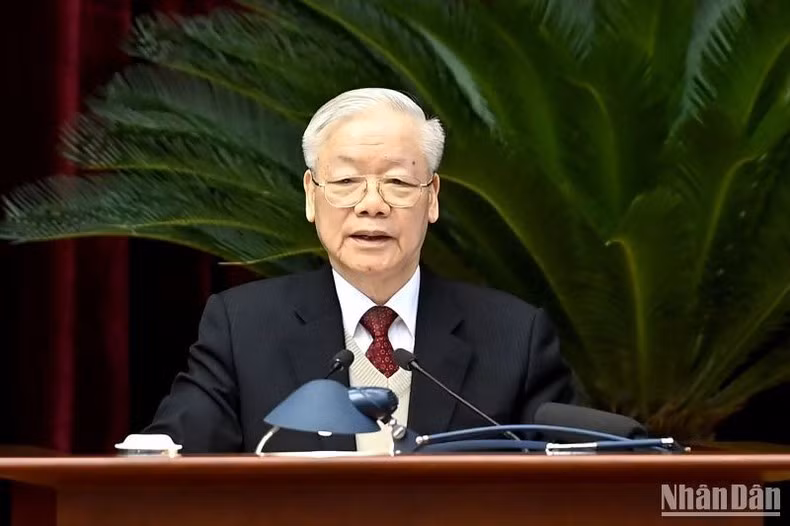 Party General Secretary Nguyen Phu Trong speaks at the conference.
