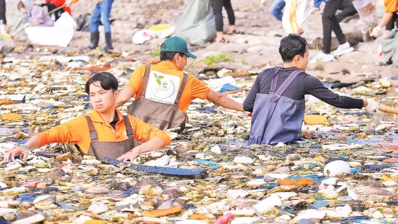 Volunteers collect trash along the Go Cong sea dyke. (Photo: NGUYEN SU)