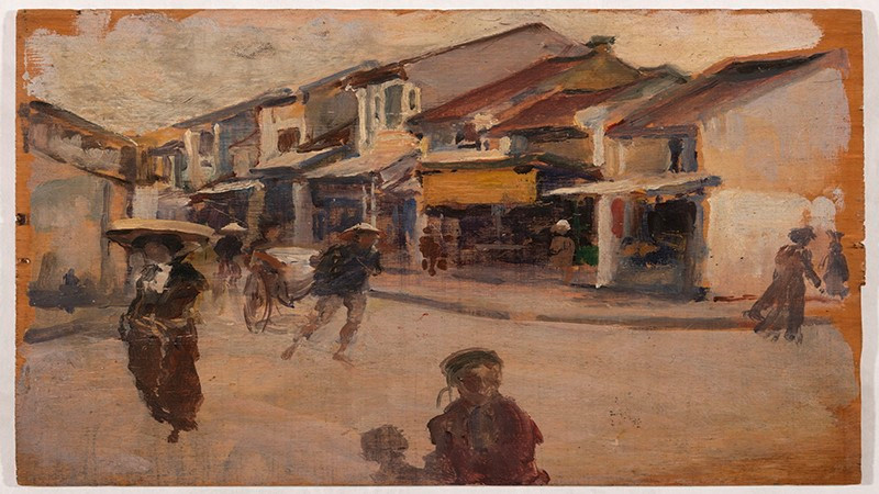 “A Hanoi street corner” is an oil painting on board by Victor Tardieu.