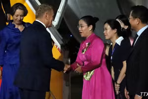 Vice Chairwoman of the Da Nang People’s Committee Nguyen Thi Anh Thi welcomes Polish Prime Minister Donald Tusk at Da Nang International Airport. (Photo: VNA)