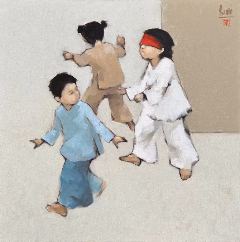 The painting titled “Hide and Seek” by Nguyen Thanh Binh, oil on canvas, 80x95 cm.
