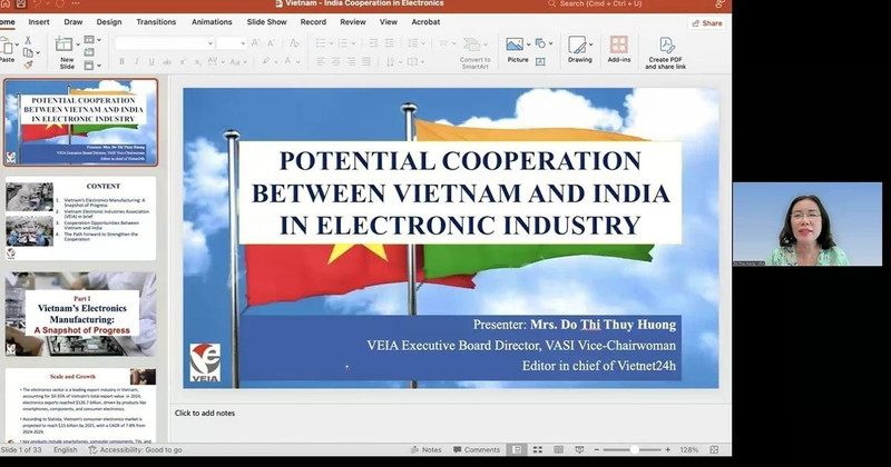 Do Thi Thuy Huong, a member of the Executive Board of the Viet Nam Electronic Industries Association (VEIA), speaks at the seminar. (Photo: Screenshot) 