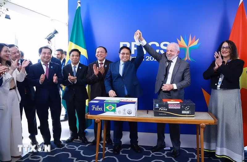 Prime Minister Pham Minh Chinh and Brazilian President Lula da Silva at the signing ceremony for the trade in commercial goods between the two countries. (Photo: /VNA) 