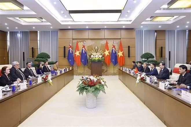 An overview of the talks between Chairman of the National Assembly Tran Thanh Man and Speaker of the New Zealand House of Representatives Gerry Brownlee in Ha Noi on August 28. (Photo: VNA)