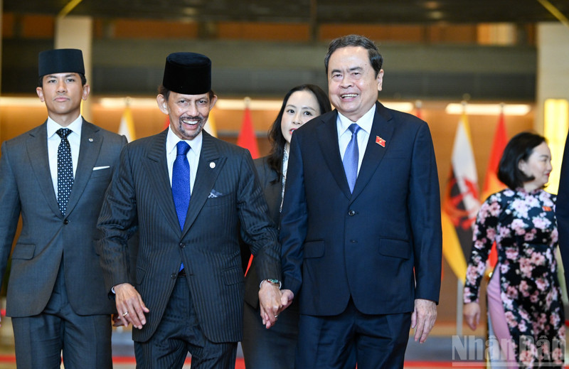 Chairman of the National Assembly Tran Thanh Man (1st from right) and Sultan of Brunei Haji Hassanal Bolkiah in Ha Noi on December 1. (Photo: NDO)