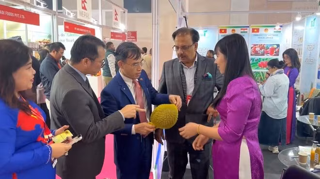 Nghiep Xuan Company introduces fresh durian at the fair. (Photo: VNA)