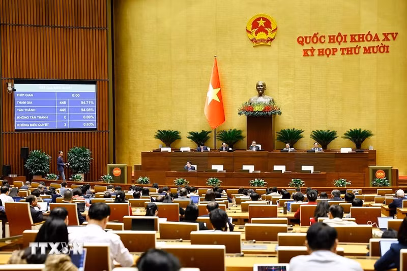 The National Assembly votes to adopt the law amending and supplementing several articles of the Law on International Treaties in Ha Noi on December 10 (Photo: VNA)