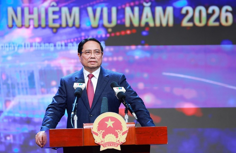 Prime Minister Pham Minh Chinh speaks at the conference reviewing the 2025 performance and outlining tasks for this year of Viet Nam Television (VTV) on January 10. (Photo: VNA)