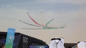 Aircraft perform during the 19th edition of the Dubai Airshow in Dubai, the United Arab Emirates (UAE), Nov. 17, 2025. The 19th edition of the Dubai Airshow opened Monday at Dubai World Central, featuring the Middle East debut of two of China's homegrown C919 aircraft. Organizers said the five-day event, held under the theme "The Future is Here," has drawn more than 1,500 exhibitors, including 440 first-time participants.