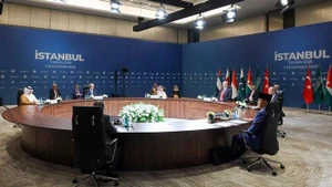 Foreign ministers from seven countries hold a meeting on Gaza ceasefire in Istanbul, Türkiye, Nov. 3, 2025. Foreign ministers from seven countries met in Istanbul on Monday to discuss efforts to uphold the Gaza ceasefire and plan for the enclave's future, as Israeli strikes continued despite the truce. Turkish Foreign Minister Hakan Fidan hosted his counterparts from the United Arab Emirates, Indonesia, Qatar, Pakistan, Saudi Arabia and Jordan. (Ministry of Foreign Affairs of Türkiye/Handout via Xinhua)