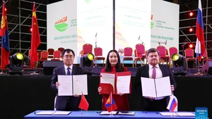 The China-Russia-Mongolia Tea Road Tourism Cooperation and Development Plan for 2025-2026 is signed during the 9th tourism ministerial conference of China, Russia, and Mongolia, in the northern Mongolian city of Darkhan, Nov. 7, 2025. (Xinhua/Bolortsetseg)