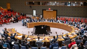 Representatives vote on a draft resolution during a Security Council meeting at the UN headquarters in New York, Oct. 31, 2025. The UN Security Council on Friday renewed the authorization of an EU-led stabilization force in Bosnia and Herzegovina for another 12 months. (Manuel Elias/UN Photo/Handout via Xinhua)