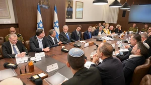 Israeli Prime Minister Benjamin Netanyahu (5th L, rear), U.S. Special Envoy to the Middle East Steve Witkoff (4th L, rear) and U.S. President Donald Trump's son-in-law Jared Kushner (6th L, rear) attend a government meeting in Jerusalem on Oct. 9, 2025. The Israeli government on early Friday approved a ceasefire deal with Hamas to end the war in Gaza and secure the release of all remaining hostages. (Ma'ayan Toaf/GPO/Handout via Xinhua)