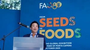 Director-General of the Food and Agriculture Organization of the United Nations (FAO) Qu Dongyu addresses the opening ceremony of the FAO global exhibition titled "From Seeds to Foods" in Rome, Italy, Oct. 10, 2025. FAO opened a global exhibition titled "From Seeds to Foods" in Rome on Friday, celebrating eight decades of international cooperation in fighting hunger and transforming agrifood systems. (FAO/Handout via Xinhua)