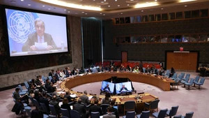 UN Secretary-General Antonio Guterres (on screens) speaks via a video link at an open debate of the Security Council on the future of the UN at the UN headquarters in New York, Oct. 24, 2025. Guterres called on the Security Council to channel the resources often spent on war to development and peace on Friday. (Photo: Xinhua)