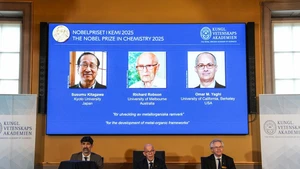 The 2025 Nobel Prize in Chemistry is announced in Stockholm, Sweden, Oct. 8, 2025. Susumu Kitagawa, Richard Robson and Omar M. Yaghi were awarded the 2025 Nobel Prize in Chemistry on Wednesday for developing metal-organic frameworks (MOFs), the Royal Swedish Academy of Sciences announced. (Photo: Xinhua)