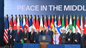 Egyptian President Abdel Fattah al-Sisi (C) addresses the summit on ending the Gaza war in Sharm el-Sheikh, Egypt, Oct. 13, 2025. A summit on ending the Gaza war kicked off here Monday, which witnessed the signing of the recently-reached ceasefire deal between Israel and Hamas. (Egyptian Presidency/Handout via Xinhua)