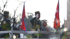Nepalese Prime Minister Sushila Karki (1st, R) pays homage to martyrs on the occasion of Martyrs' Day at Martyrs Memorial Park in Kathmandu, Nepal, Jan. 30, 2026. (Photo: Xinhua)