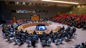 UN Deputy Special Coordinator for the Middle East Peace Process Ramiz Alakbarov (on screens) speaks via a video link at a Security Council meeting at the UN headquarters in New York, Jan. 28, 2026. Alakbarov said Wednesday that there might be a turning point for Gaza, with both profound opportunity and considerable risk. (Manuel Elias/UN Photo/Handout via Xinhua)
