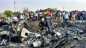 Rescuers are in operation at the site of an air crash at Baramati airport in Pune district, Maharashtra state of India, Jan. 28, 2026. Five people, including the deputy chief minister of India's western state of Maharashtra, Ajit Pawar, and two pilots, on board an aircraft were killed Wednesday in a crash, officials said.