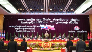 This photo taken on Jan. 6, 2026 shows a scene at the opening ceremony of the 12th National Congress of the Lao People's Revolutionary Party (LPRP) in Vientiane, capital of Laos. The 12th National Congress of the LPRP opened on Tuesday morning in the capital city. (Lao News Agency/Handout via Xinhua)