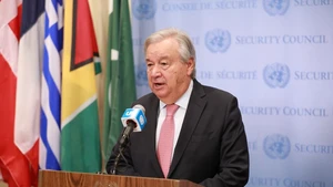 UN Secretary-General Antonio Guterres speaks to the press outside the Security Council Chamber at the UN headquarters in New York, Aug. 28, 2025. Guterres said Thursday that Israel's initial steps to militarily take over Gaza City signal a new and dangerous phase with devastating consequences. (Photo: Xinhua)
