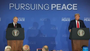 U.S. President Donald Trump (R) and Russian President Vladimir Putin attend a joint press conference after concluding their talks in Anchorage, Alaska, the United States, on Aug. 15, 2025. The talks, held at Joint Base Elmendorf-Richardson in the city of Anchorage, lasted about three hours. (Photo: Xinhua)