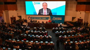 United Nations (UN) Secretary-General Antonio Guterres addresses the Second UN Food Systems Summit in a video message in Addis Ababa, Ethiopia, on July 28, 2025. Global leaders on Monday called for urgent collective action to address challenges facing food systems. (Photo: Xinhua)