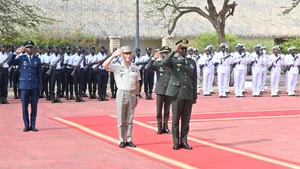 Mbaye Cisse (R, front), chief of General Staff of the Senegalese Armed Forces, and Pascal Ianni (L, front), commander of French forces in Africa, attend the handover ceremony of Camp Geille, the largest French military installation in Senegal located in Dakar, Senegal, on July 17, 2025. France on Thursday handed over its last two military facilities in Senegal to local authorities, marking the end of its permanent military presence in the West African country. (Photo: Xinhua)