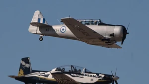 Aircraft perform during an air show at the Tanagra Air Base, some 70 kilometers north of Athens, Greece, Sept. 6, 2025. The Athens Flying Week 2025 kicked off here on Saturday. (Photo: Xinhua)