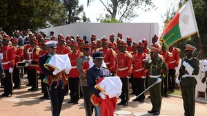 Caskets containing skulls of the Sakalava ethnic group are carried to a ceremony welcoming the colonial-era relics returned by France in Antananarivo, the capital of Madagascar, Sept. 2, 2025. An official ceremony was held on Tuesday in Antananarivo, the capital of Madagascar, to welcome the colonial-era relics returned by France. Three skulls of the Sakalava ethnic group, one of which is believed to belong to King Toera and the other two to his warriors, were returned to Madagascar after 128 years in France. (Photo: Xinhua)