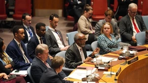 Somali UN ambassador Abukar Dahir Osman (C, front) speaks at an emergency meeting of the Security Council at the UN headquarters in New York, on Dec. 29, 2025. The three African members of the Security Council -- Algeria, Sierra Leone, and Somalia -- along with Guyana, collectively known as A3+, on Monday strongly condemned Israel's recognition of Somaliland as a sovereign state. (Photo: Xinhua)