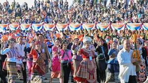 This photo taken on Dec. 2, 2025 shows a scene during an event in Vientiane to celebrate the 50th anniversary of the founding of the Lao People's Democratic Republic. A grand mass march and a military parade were held in Vientiane on Tuesday. (Photo: Xinhua)