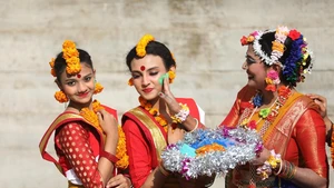 Women take part in the celebration of the Pahela Falgun festival in Dhaka, Bangladesh, Feb. 14, 2026. The first day on the eleventh month of the Bengali calendar marks the Pahela Falgun festival, during which people celebrate the beginning of the spring. (Photo: Xinhua)