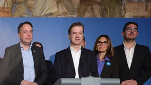 Slovenia's Prime Minister Robert Golob (front C) delivers a statement at the National Assembly of Slovenia in Ljubljana, Slovenia, March 22, 2026. Slovenia's ruling Freedom Movement (FM), led by Prime Minister Robert Golob, secured a narrow victory in the country's parliamentary election on Sunday, according to preliminary results. (Photo: Xinhua)