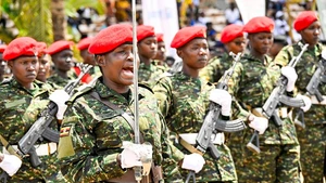 Ugandan female military officers march at an all-women military parade to mark International Women's Day, in Kampala, Uganda, on March 8, 2026. Uganda on Sunday held an all-women military parade to mark International Women's Day, observed this year under the national theme "Scaling up investment to accelerate access to justice for women and girls across Uganda." (Uganda Vice President Press Unit/Handout via Xinhua)