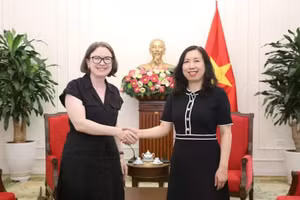 Deputy Minister of Foreign Affairs Le Thi Thu Hang (R) meets with Irish Ambassador to Viet Nam Deirdre Ní Fhallúin in Ha Noi on April 21. (Photo: baoquocte.vn)