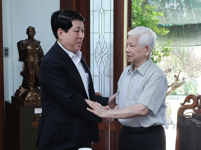 State President Luong Cuong (L) visits former State President Nguyen Minh Triet (Photo: VNA)