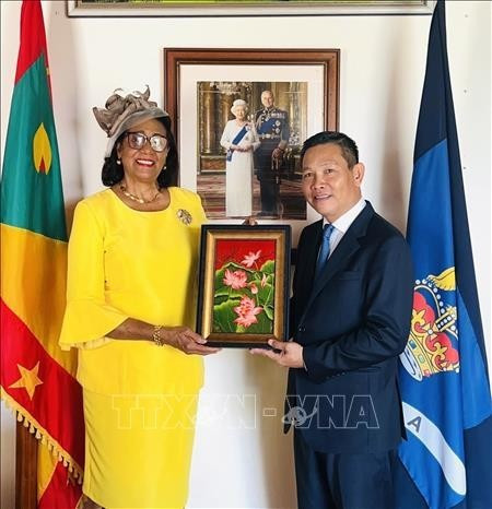 The Vietnamese Ambassador to Venezuela concurrently accredited to Grenada, Vu Trung My, presents a souvenir to the Governor-General of Grenada, Dame Cecile La Grenade. (Photo courtesy of Vietnamese Embassy in Venezuela) The Vietnamese Ambassador to Venezuela concurrently accredited to Grenada, Vu Trung My, presents a souvenir to the Governor-General of Grenada, Dame Cecile La Grenade. (Photo courtesy of Vietnamese Embassy in Venezuela)