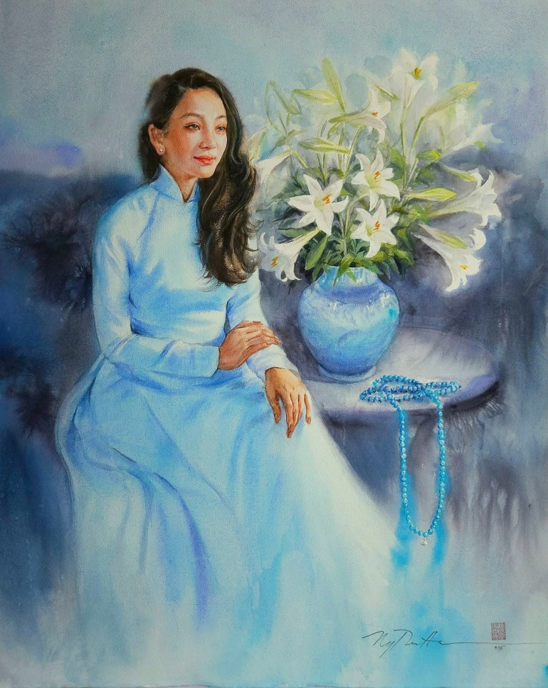 A gentle moment beside lily flowers.